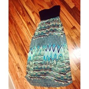 Strapless Black and Blue Patterned Mini Dress